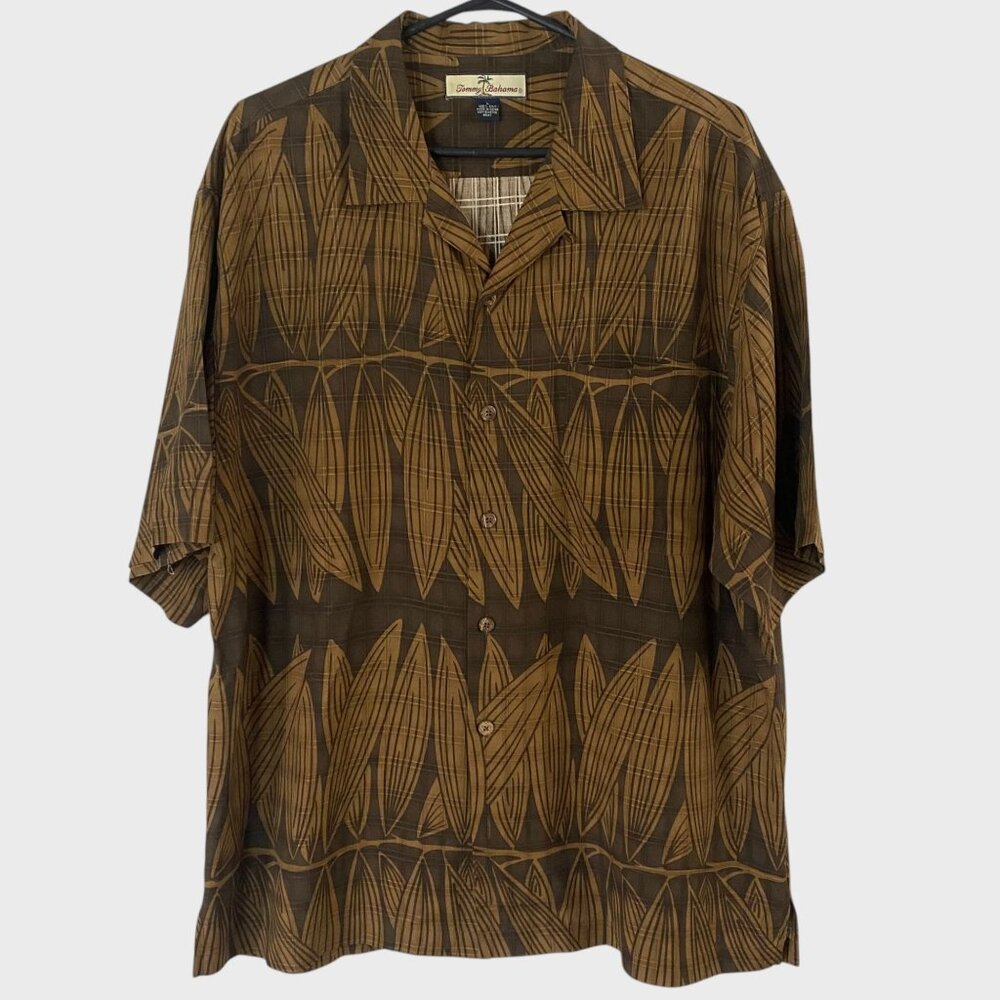Tommy Bahama Hawaiian Button-Up Shirt Brown Men's Large 100% Silk Short-Sleeve